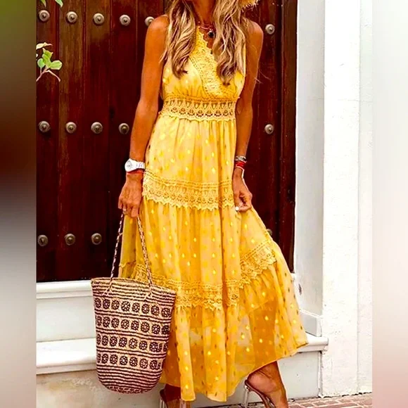 fitted lace wedding dress Women's Bohemian Yellow Bohemian Dress Maxi Dress – Jolly Vintage main image 0